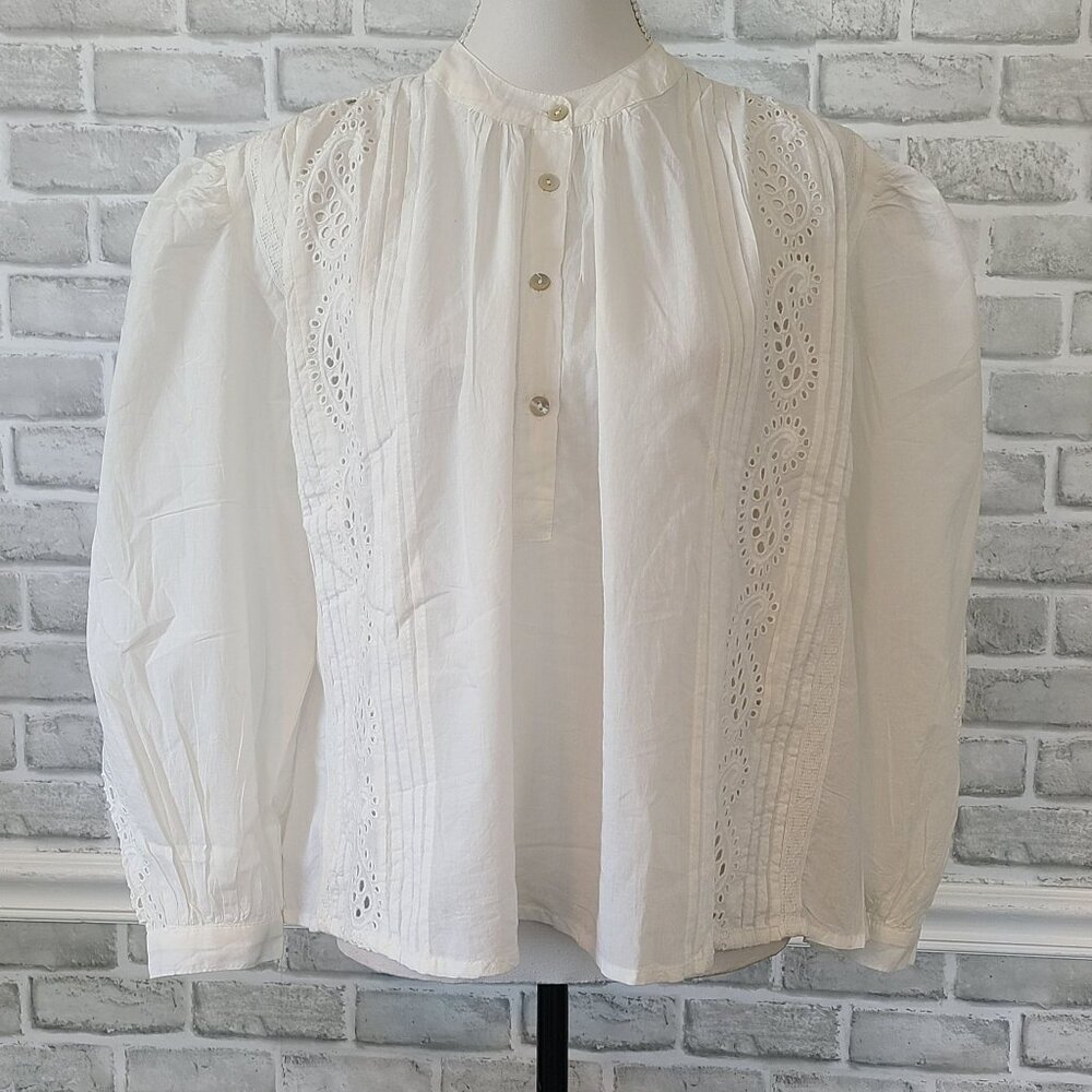 Apricot Broderie Pleat Lace Grandad Collar Oversized Blouse NEW S Cottage